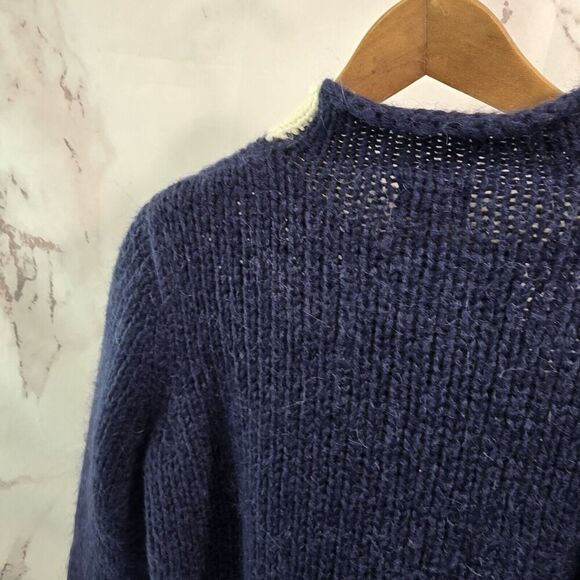 LL Bean Sweater Womens Medium Blue Cream Mohair Wool Cable Knit Roll Neck Twist - Picture 6 of 9